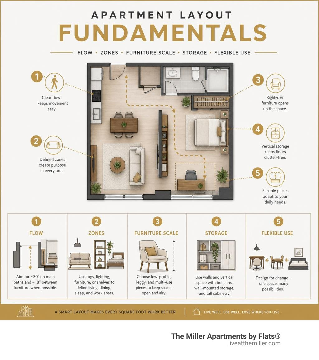 Apartment layout fundamentals: flow, zones, furniture scale, storage, and flexible use infographic