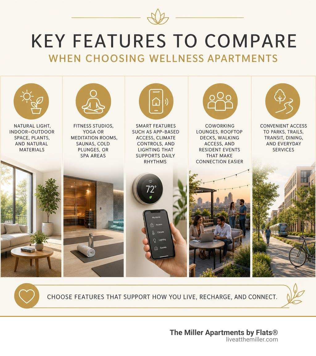 Key features to compare when choosing wellness apartments infographic Key features to compare when choosing wellness apartments infographic