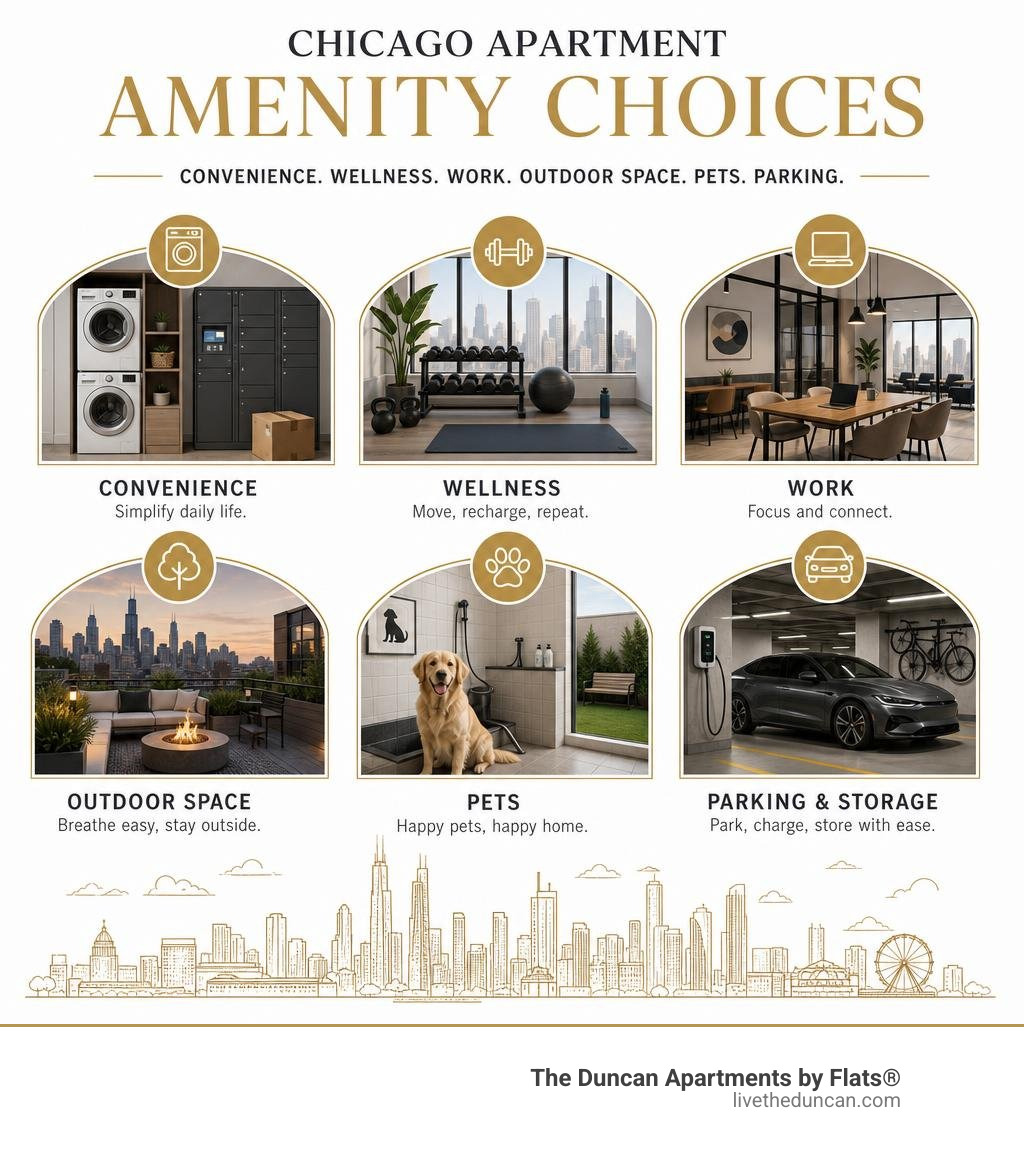Chicago apartment amenity choices: convenience, wellness, work, outdoor space, pets, and parking infographic Chicago apartment amenity choices: convenience, wellness, work, outdoor space, pets, and parking infographic