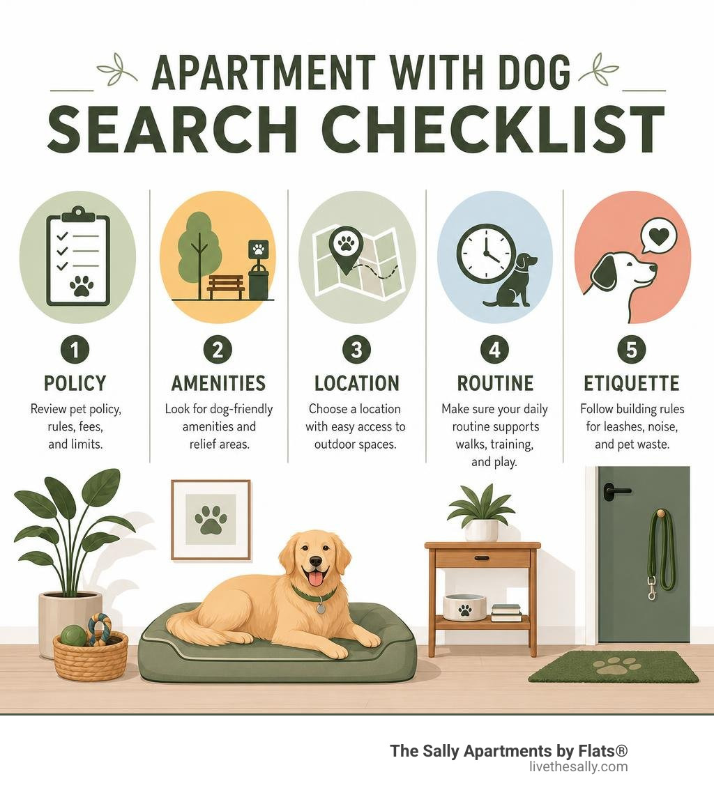 Apartment with dog search checklist: policy, amenities, location, routine, etiquette infographic