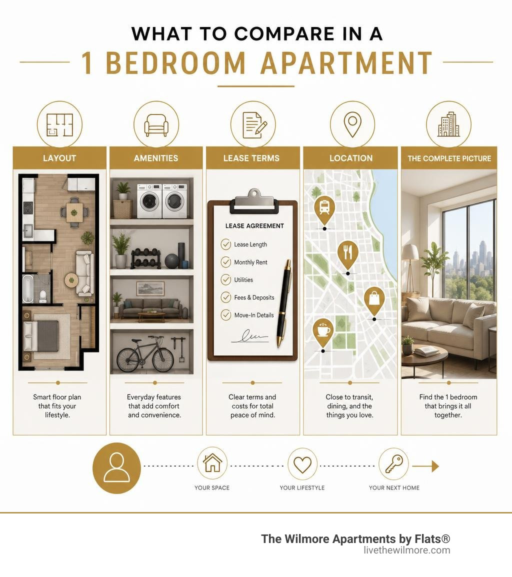 Infographic comparing layout amenities lease terms and location for a one bedroom apartment infographic Infographic comparing layout amenities lease terms and location for a one bedroom apartment infographic
