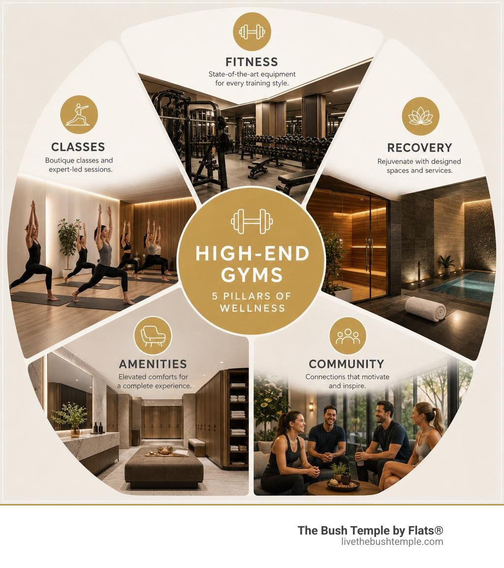Infographic showing fitness, classes, recovery, amenities, and community at high-end gyms infographic