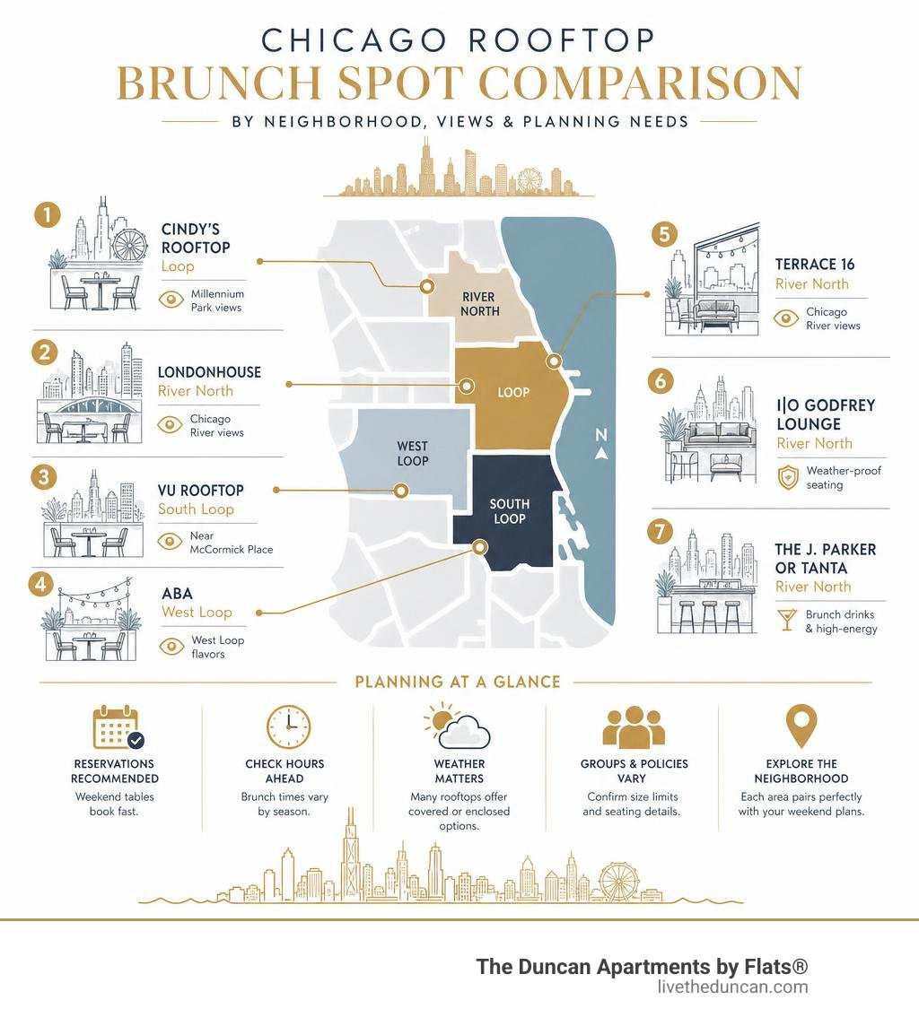 Chicago rooftop brunch spot comparison by neighborhood views and planning needs infographic Chicago rooftop brunch spot comparison by neighborhood views and planning needs infographic