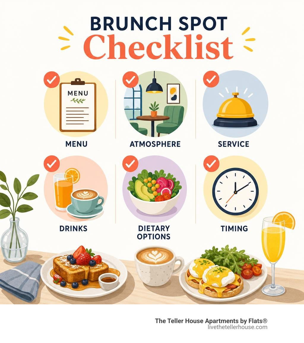 Brunch spot checklist: menu, atmosphere, service, drinks, dietary options, timing infographic Brunch spot checklist: menu, atmosphere, service, drinks, dietary options, timing infographic