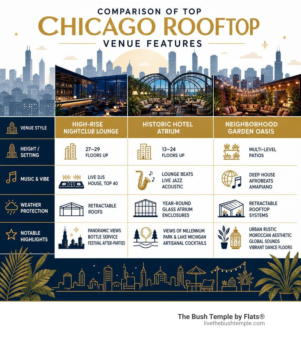 Comparison of top Chicago rooftop venue features infographic Comparison of top Chicago rooftop venue features infographic
