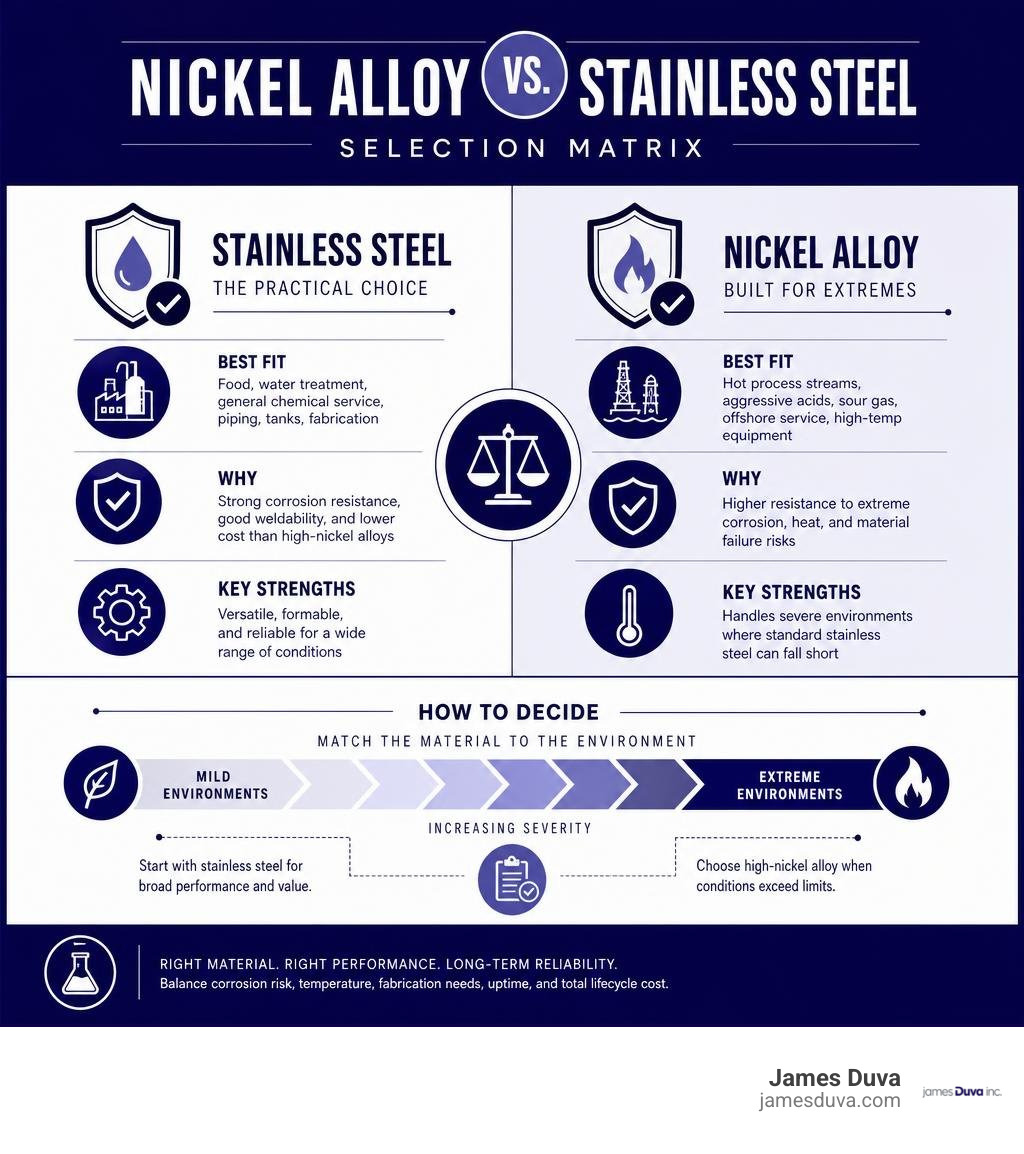 Nickel alloy versus stainless steel selection matrix in James Duva branded colors infographic Nickel alloy versus stainless steel selection matrix in James Duva branded colors infographic
