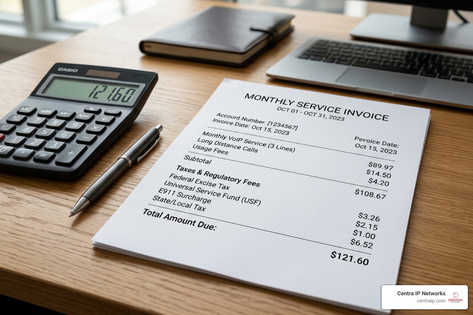 Detailed monthly VoIP service invoice showing tax line items Detailed monthly VoIP service invoice showing tax line items