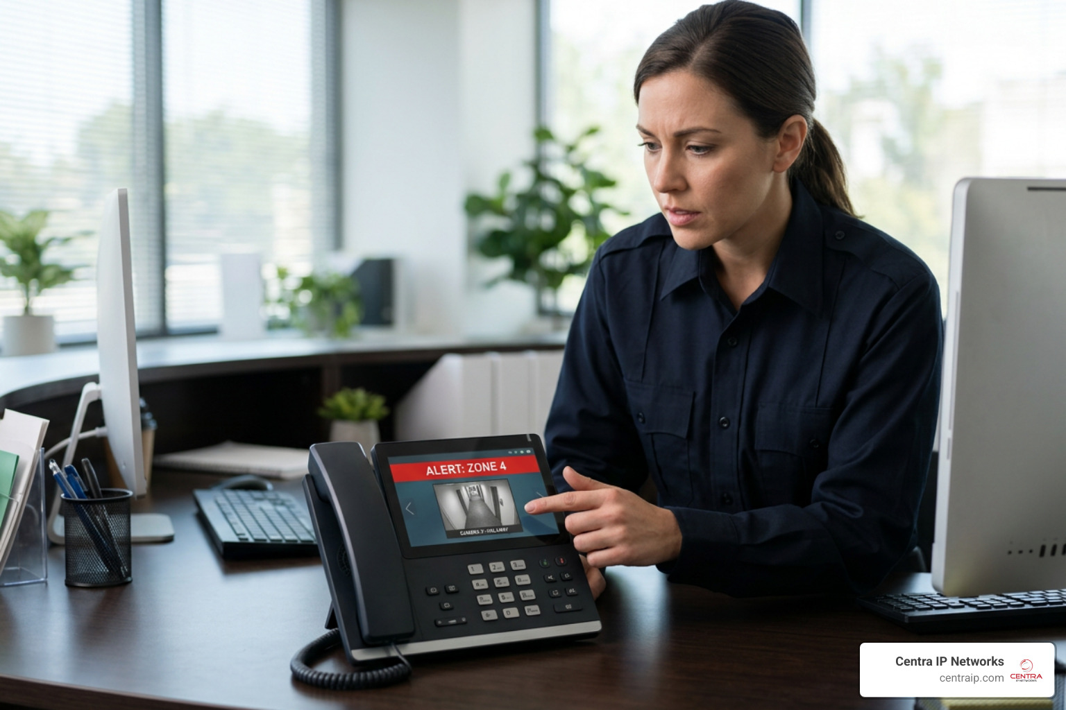 AI video surveillance dashboard alerting on desk phone screen AI video surveillance dashboard alerting on desk phone screen