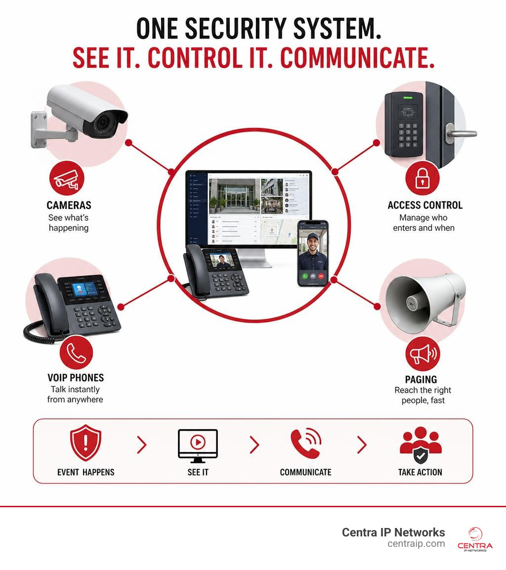 Infographic showing cameras access control VoIP phones and paging in one security system infographic Infographic showing cameras access control VoIP phones and paging in one security system infographic