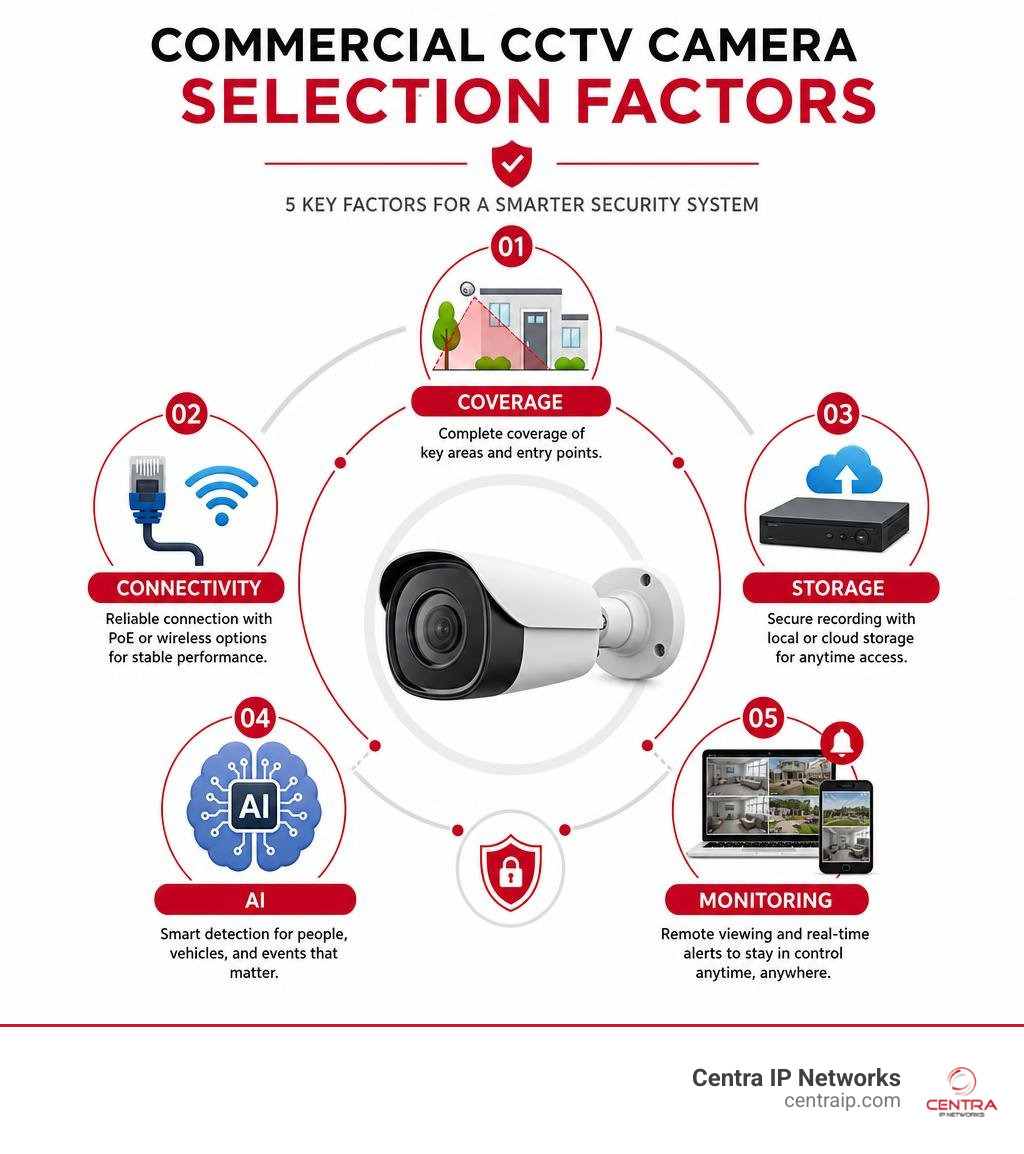 Commercial CCTV camera selection factors: coverage, connectivity, storage, AI, monitoring infographic Commercial CCTV camera selection factors: coverage, connectivity, storage, AI, monitoring infographic