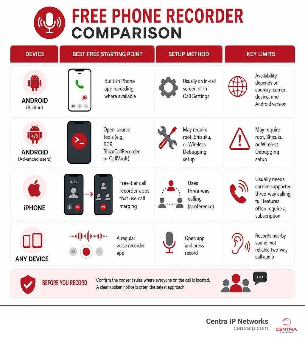 Free phone recorder comparison by iPhone, Android, setup method, and key limits infographic Free phone recorder comparison by iPhone, Android, setup method, and key limits infographic