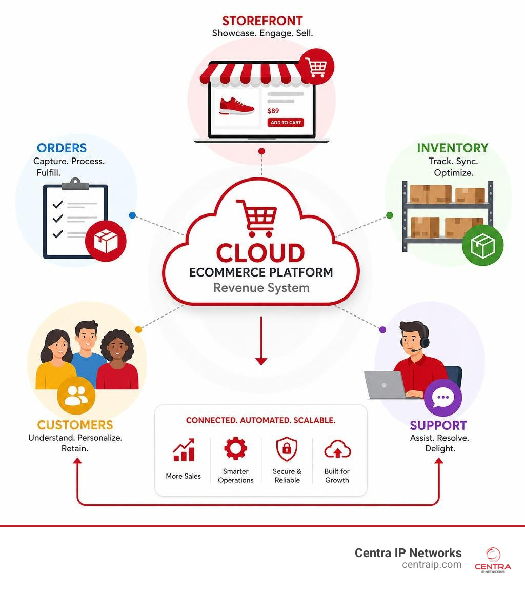 Cloud ecommerce platform revenue system connecting storefront orders inventory customers and support infographic Cloud ecommerce platform revenue system connecting storefront orders inventory customers and support infographic