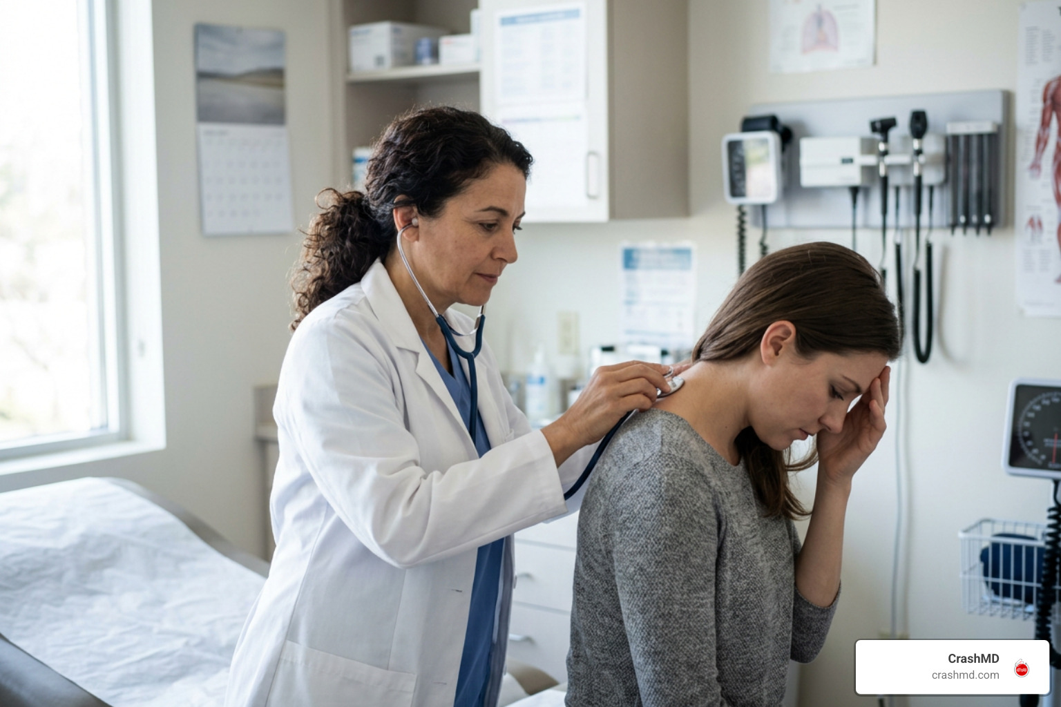 Patient receiving medical evaluation for headache relief after crash