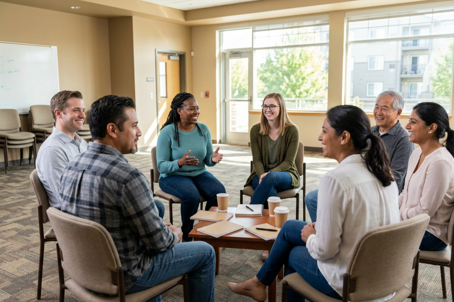 Adults sitting in a circle of chairs chatting during a housing community workshop Adults sitting in a circle of chairs chatting during a housing community workshop