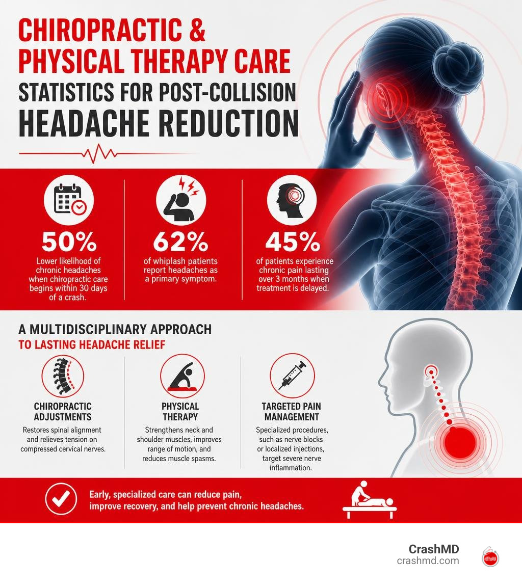 Chiropractic and physical therapy care statistics for post-collision headache reduction infographic