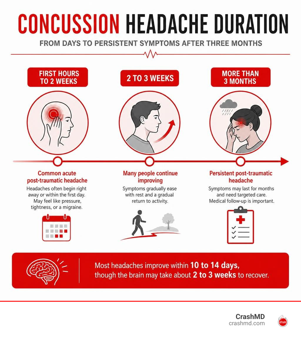 Infographic showing concussion headache duration from days to persistent symptoms after three months infographic Infographic showing concussion headache duration from days to persistent symptoms after three months infographic