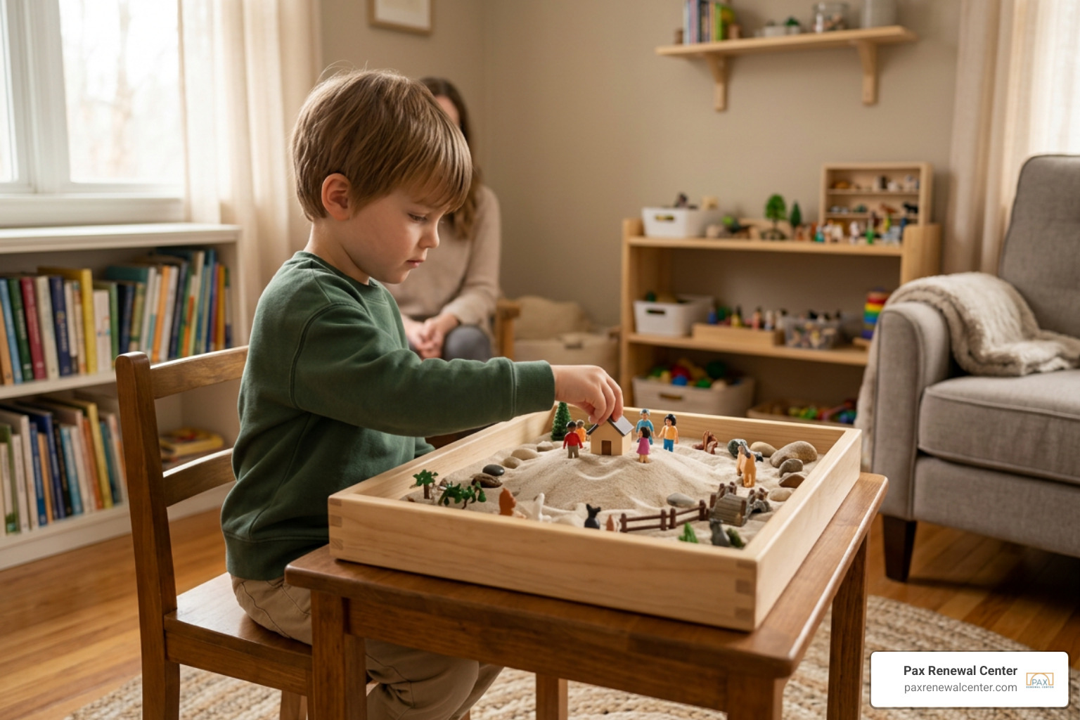 child engaged in sandtray therapy during play therapy session