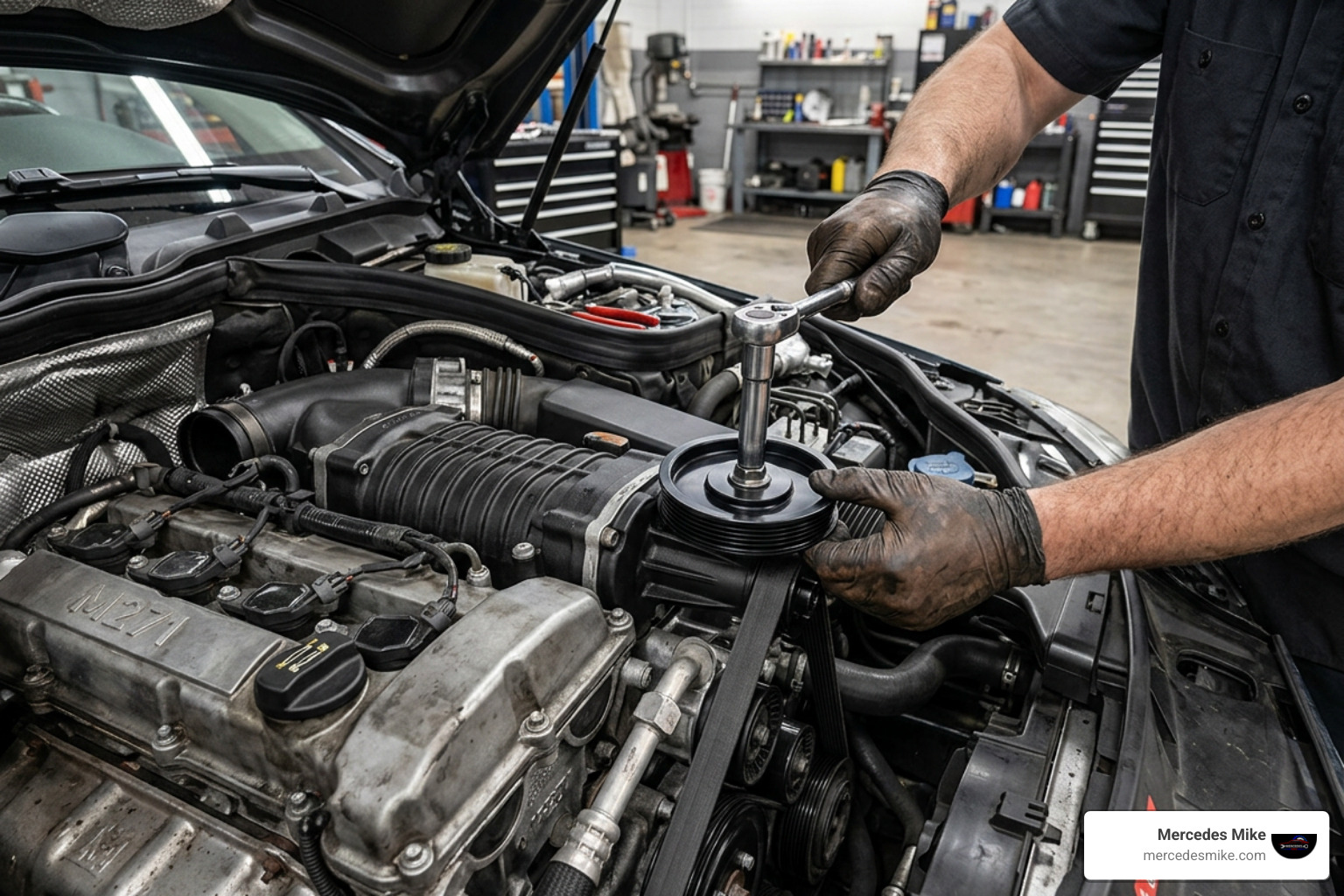 Reduced supercharger pulley installation on M271 engine Reduced supercharger pulley installation on M271 engine