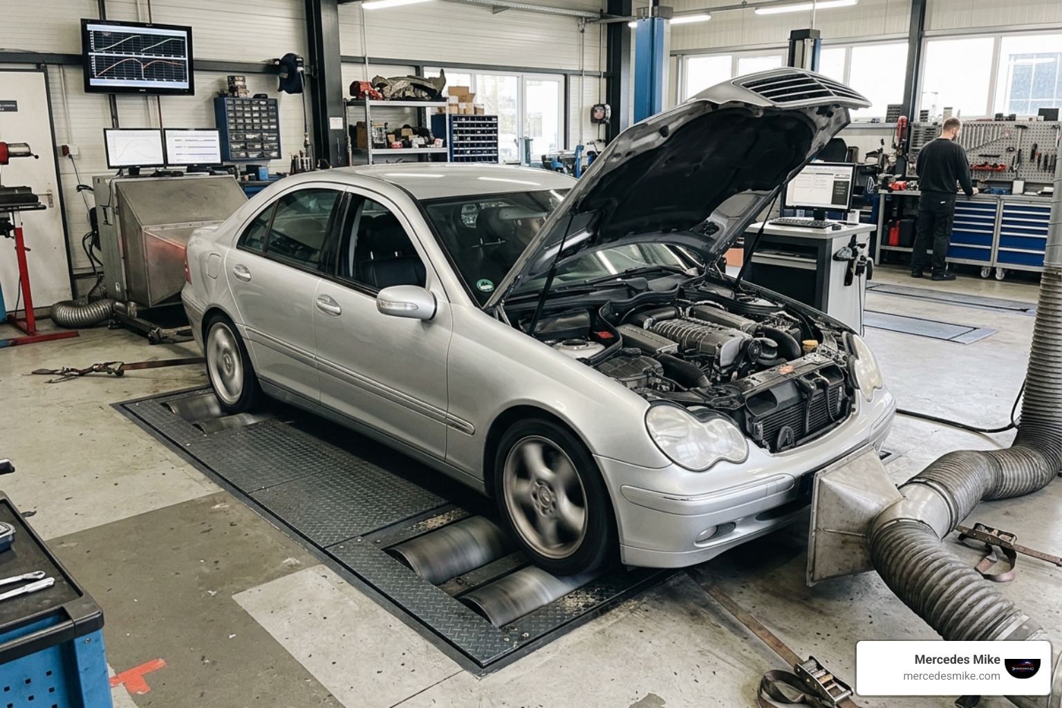 C200 Kompressor on 4x4 dyno during tuning run C200 Kompressor on 4x4 dyno during tuning run
