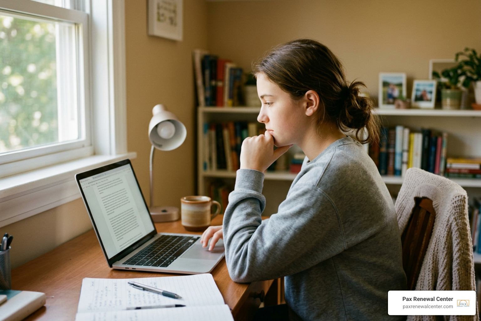 Teenager completing a mental health assessment screener on a laptop Teenager completing a mental health assessment screener on a laptop