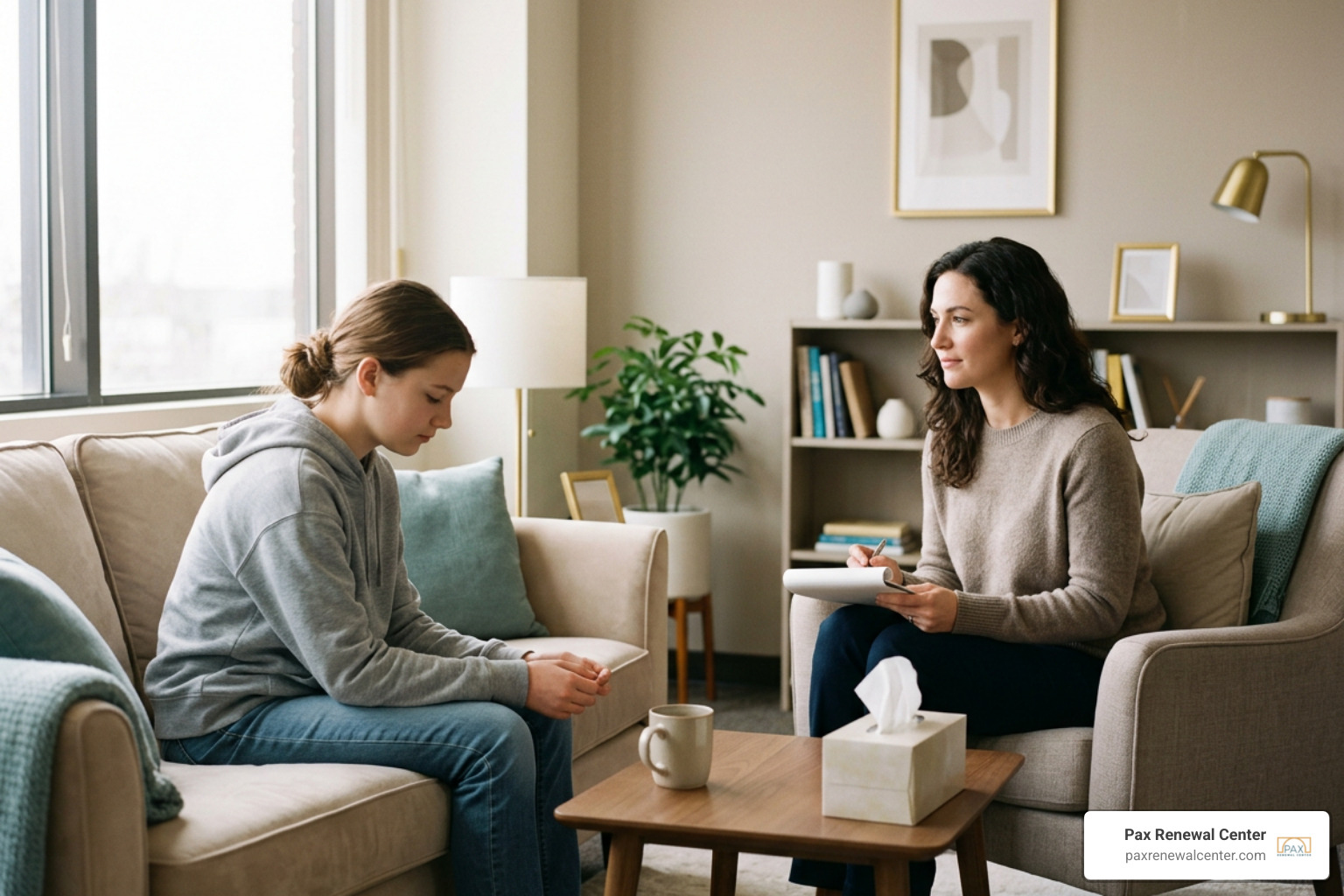 Therapist delivering cognitive behavioral therapy to a young person in a warm counseling office Therapist delivering cognitive behavioral therapy to a young person in a warm counseling office