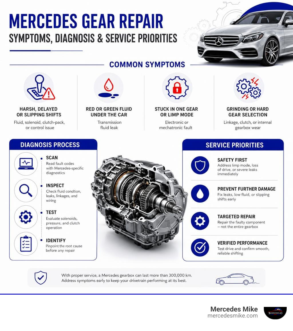 Mercedes gear repair symptoms, diagnosis, and service priorities infographic