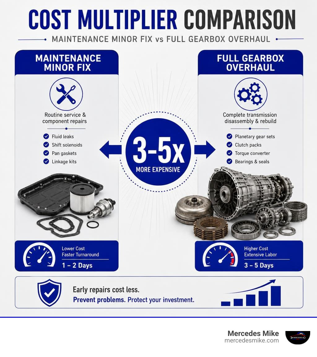 Cost multiplier comparison between maintenance minor fix and full gearbox overhaul infographic
