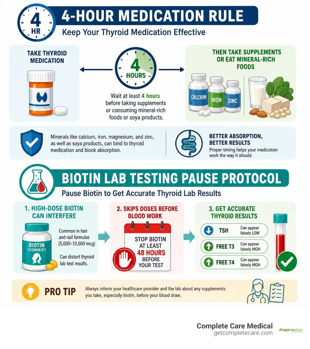 infographic showing 4-hour medication rule and biotin lab testing pause protocol infographic