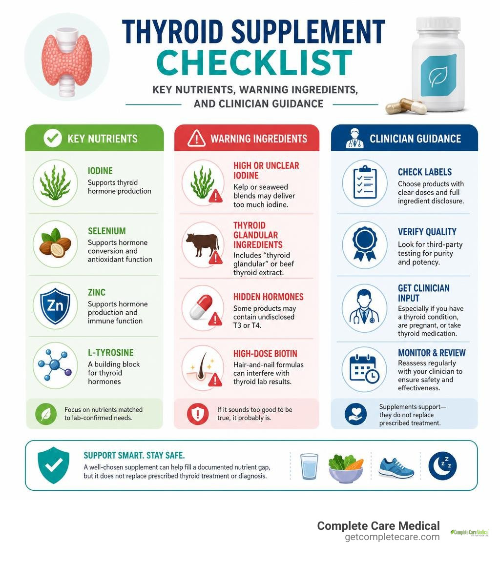 Thyroid supplement checklist: key nutrients, warning ingredients, and clinician guidance infographic