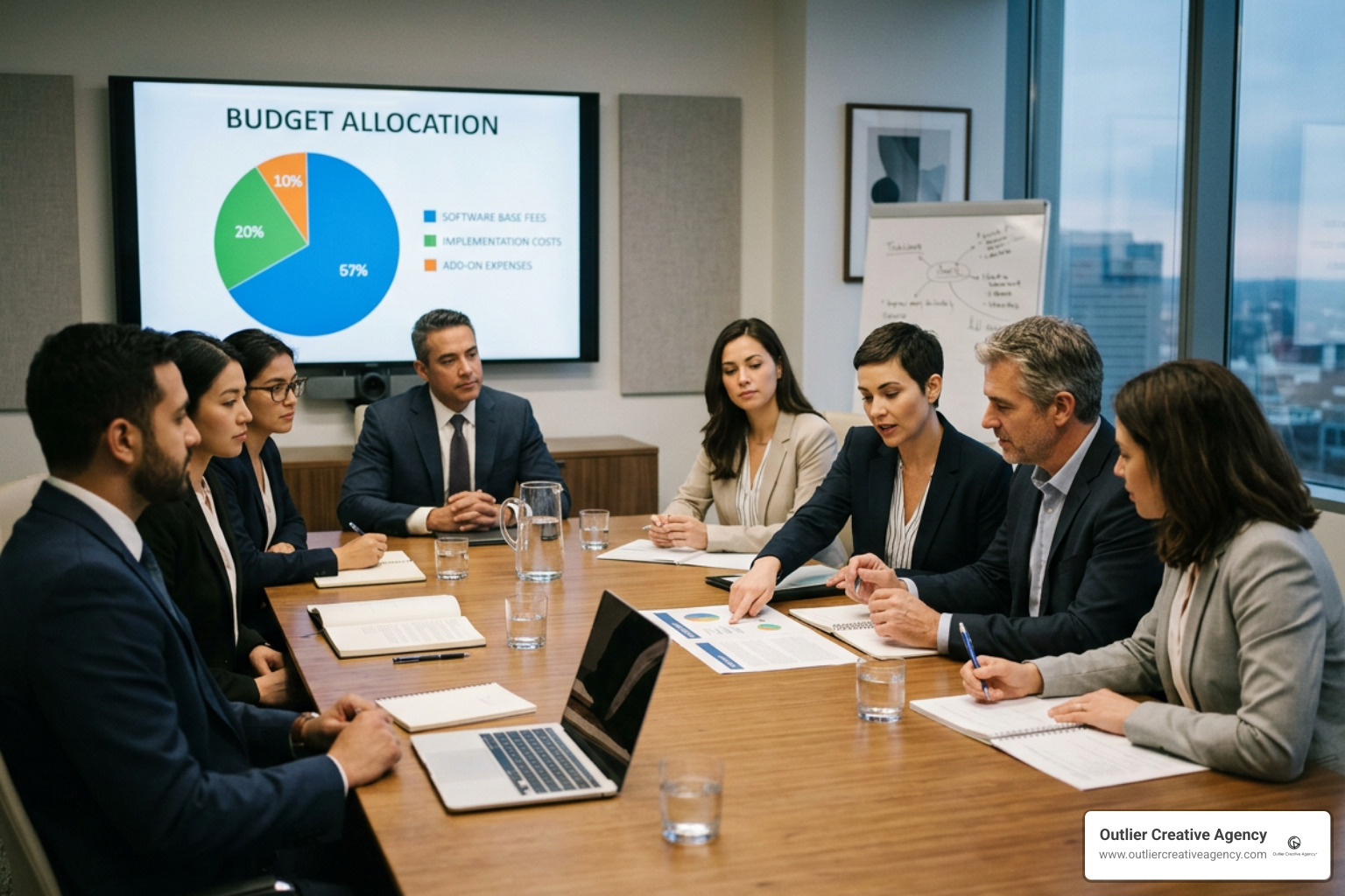 Law firm marketing budget allocation pie chart showing software base fees implementation and add-on costs