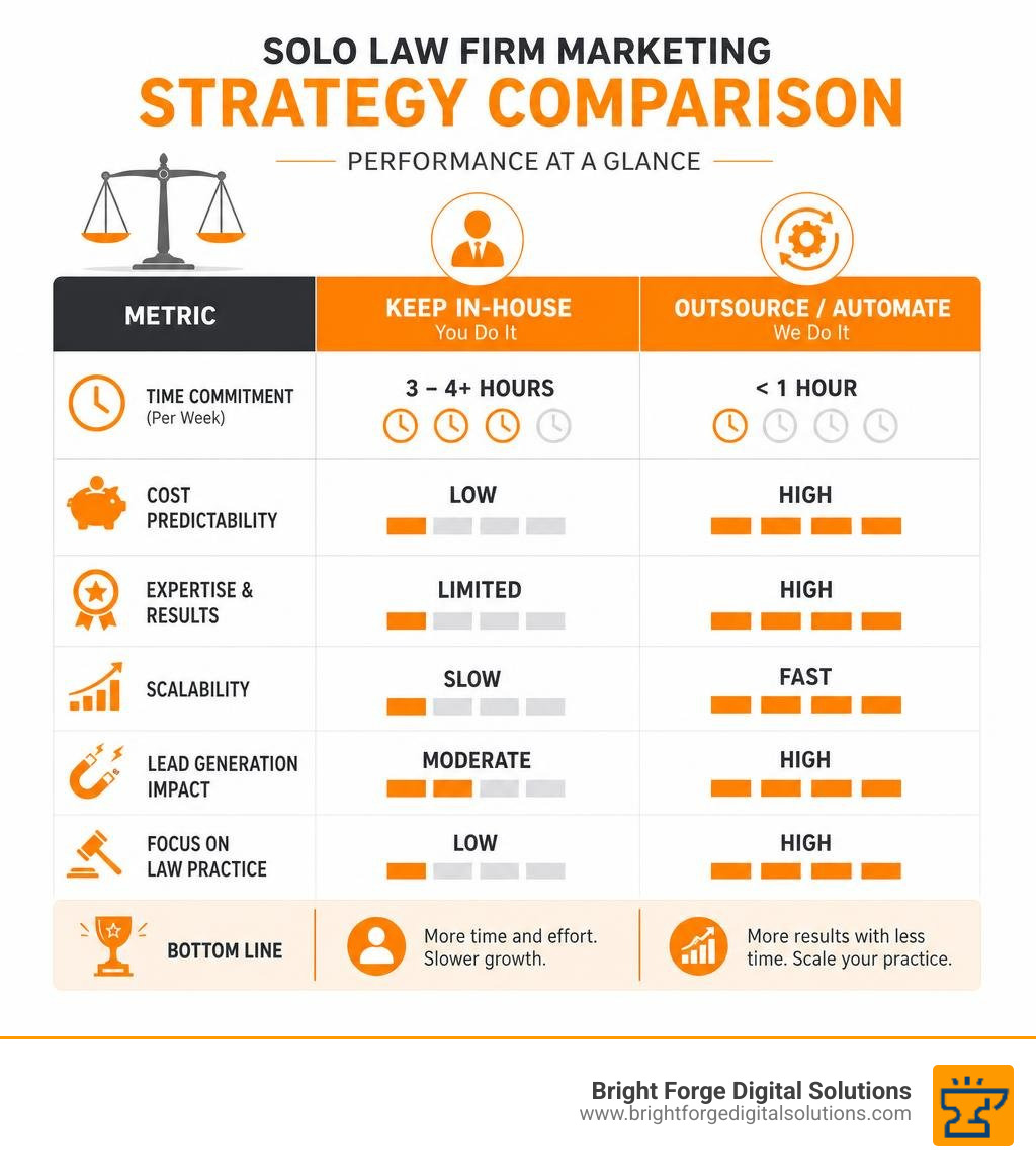 Comparison table showing performance stats of solo law firm strategies infographic