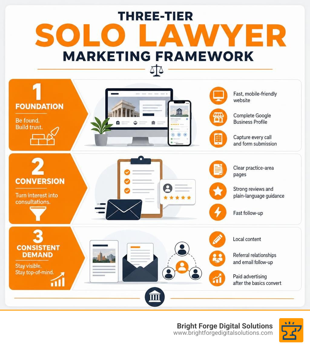 Three-tier solo lawyer marketing framework: foundation, conversion, consistent demand infographic