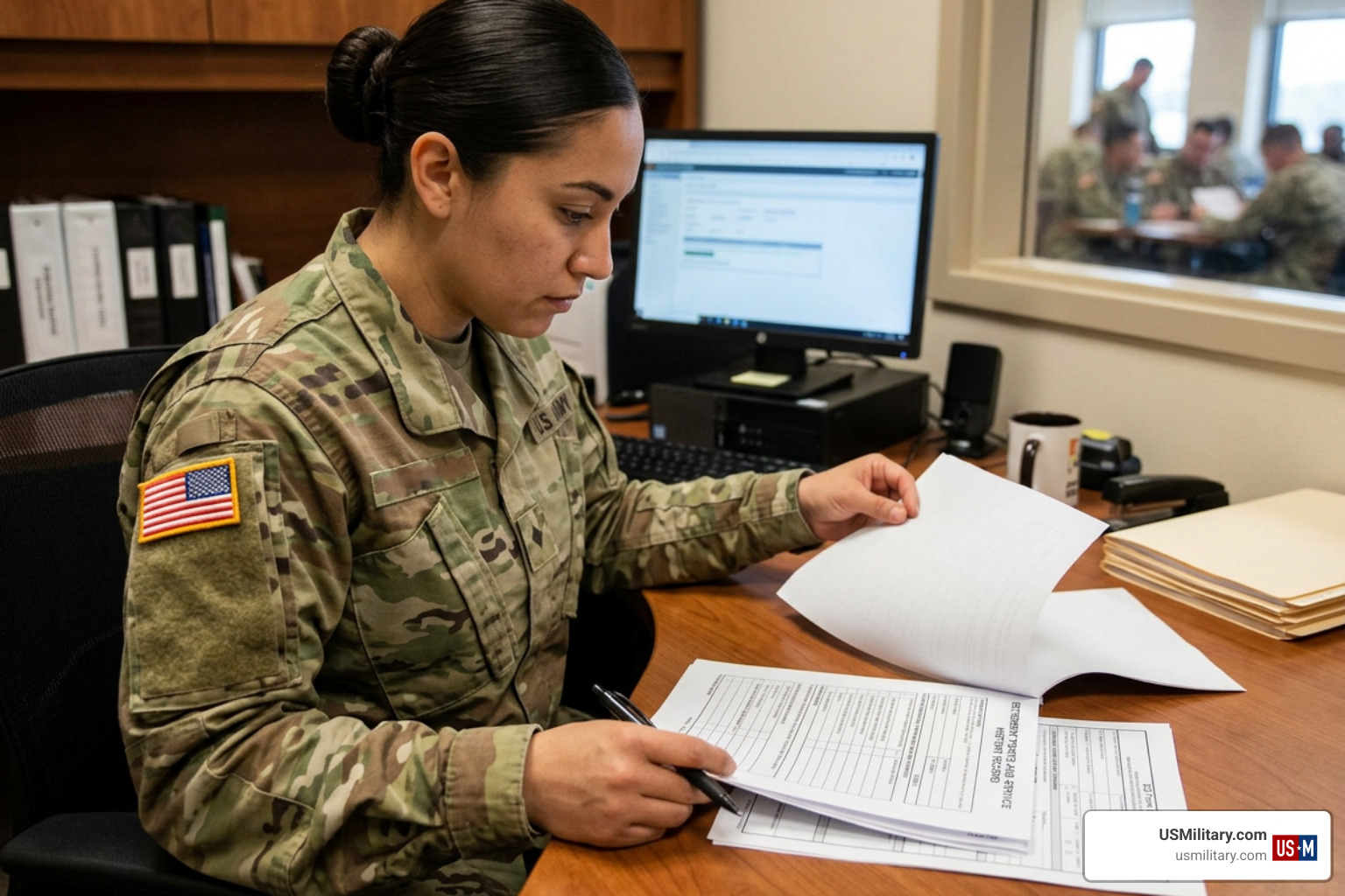 National Guard soldier reviewing retirement points and service record paperwork National Guard soldier reviewing retirement points and service record paperwork