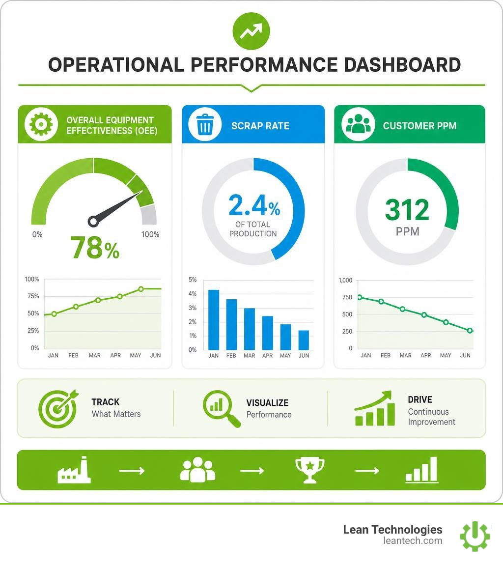 Dashboard tracking overall equipment effectiveness scrap rate and customer PPM infographic