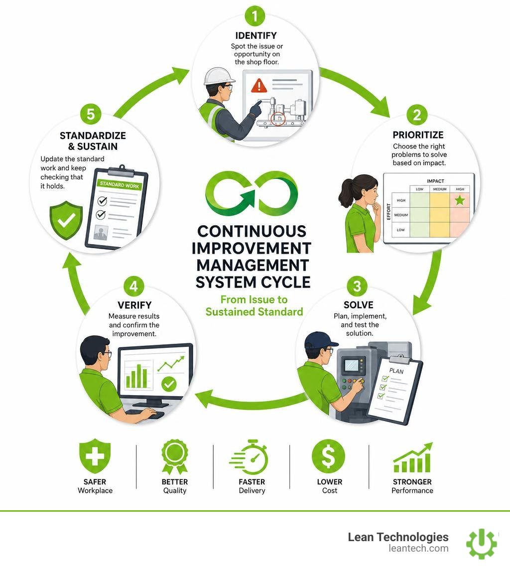 Continuous improvement management system cycle from issue to sustained standard infographic