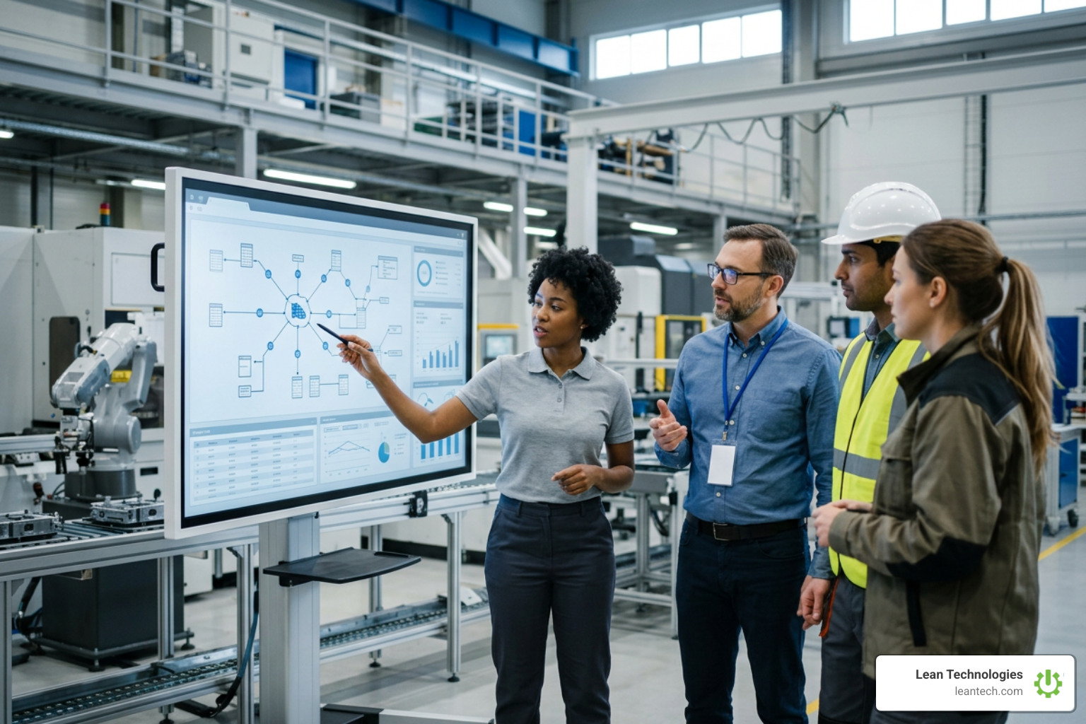 Engineers and operations managers reviewing system network architecture and manufacturing software integrations Engineers and operations managers reviewing system network architecture and manufacturing software integrations