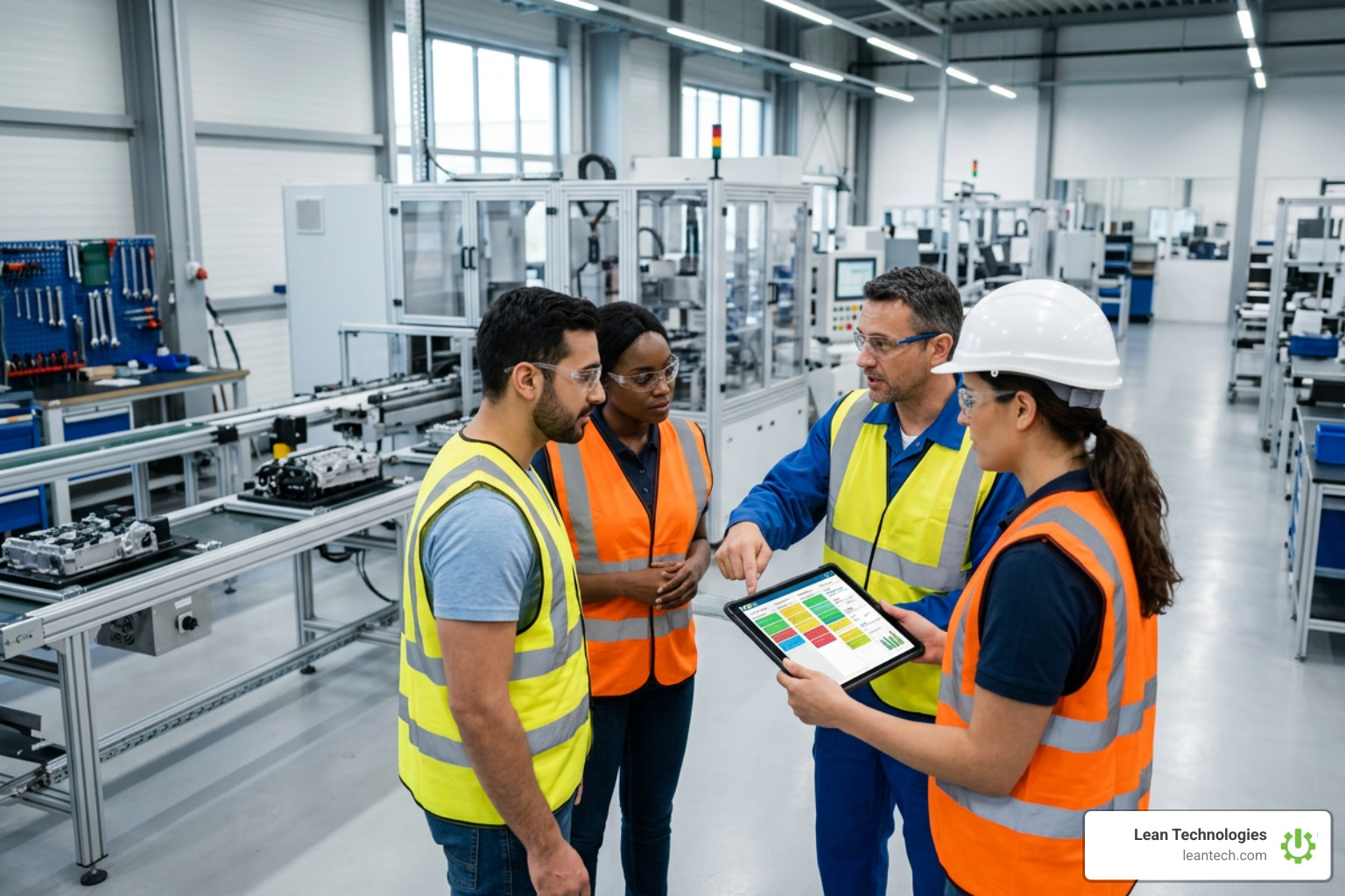 Digital shopfloor management team collaborating using mobile tablet for real-time lean execution Digital shopfloor management team collaborating using mobile tablet for real-time lean execution