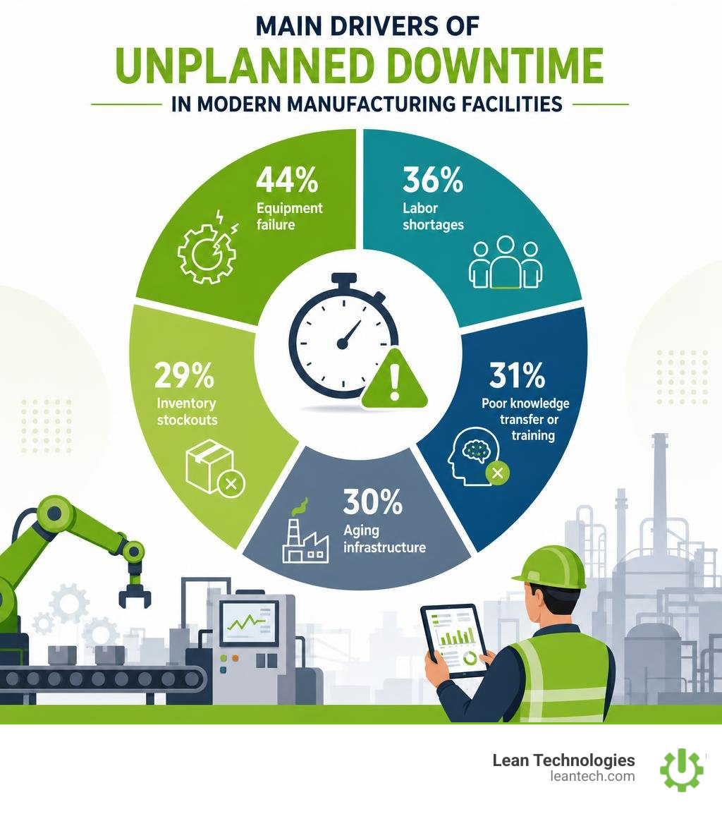 Main drivers of unplanned downtime in modern manufacturing facilities infographic Main drivers of unplanned downtime in modern manufacturing facilities infographic
