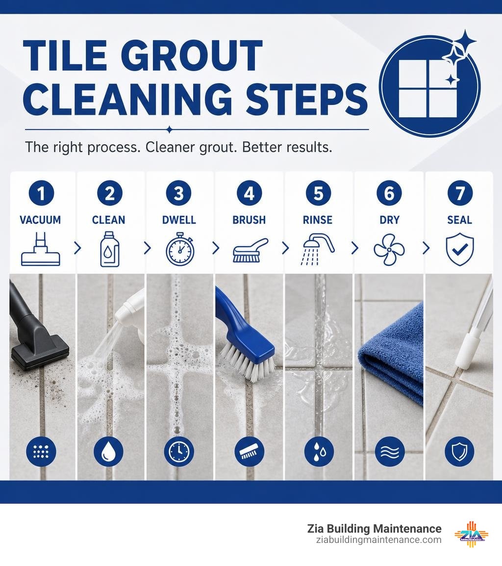 Tile grout cleaning steps: vacuum, clean, dwell, brush, rinse, dry, seal infographic Tile grout cleaning steps: vacuum, clean, dwell, brush, rinse, dry, seal infographic