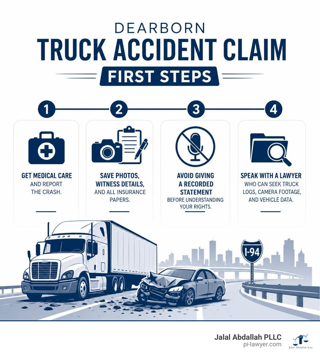 Dearborn truck accident claim first steps infographic Dearborn truck accident claim first steps infographic
