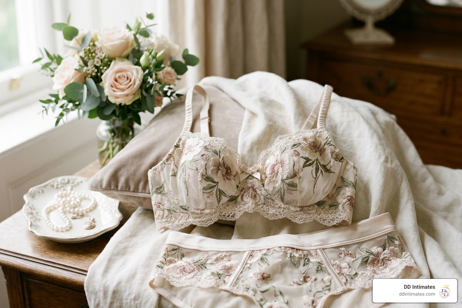 delicate floral embroidered lace and satin details on a luxury lingerie set