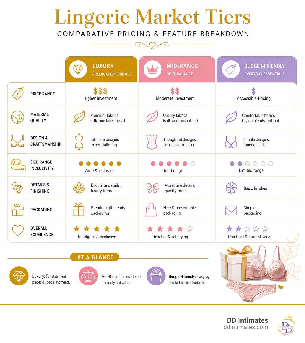Comparative pricing and feature breakdown across lingerie market tiers infographic