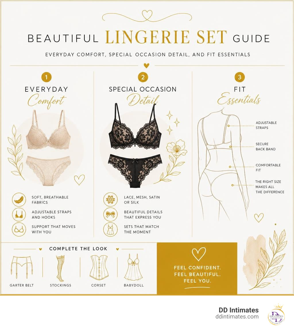 Beautiful lingerie set guide: everyday comfort, special occasion detail, and fit essentials infographic