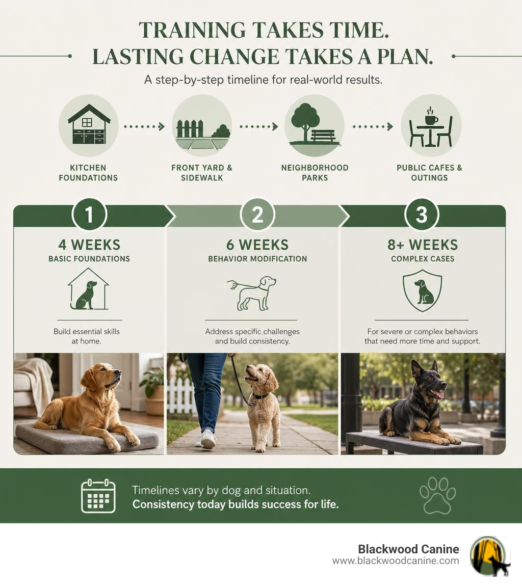Timeline breakdown: 4 weeks basic foundations, 6 weeks behavior modification, 8 plus weeks complex cases infographic Timeline breakdown: 4 weeks basic foundations, 6 weeks behavior modification, 8 plus weeks complex cases infographic