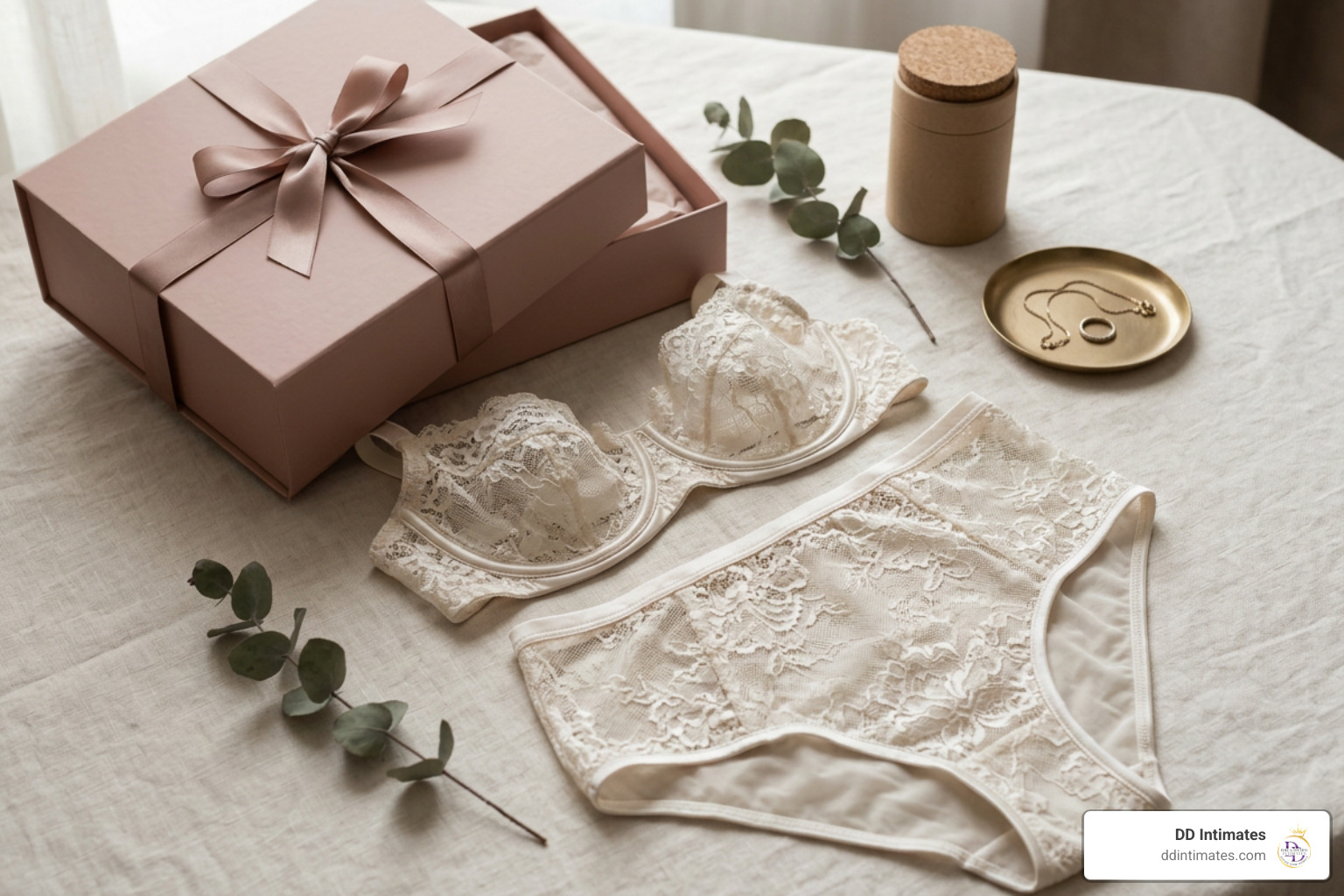 Curated luxury lingerie set from DD Intimates featuring fine lace, satin accents, and elegant packaging