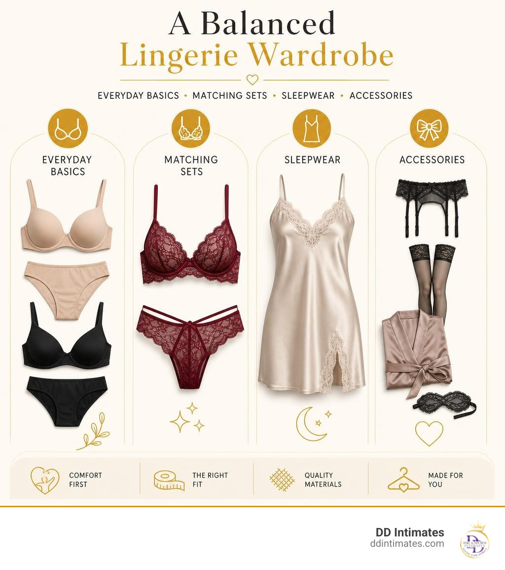 Balanced lingerie wardrobe: everyday basics, matching sets, sleepwear, and accessories infographic