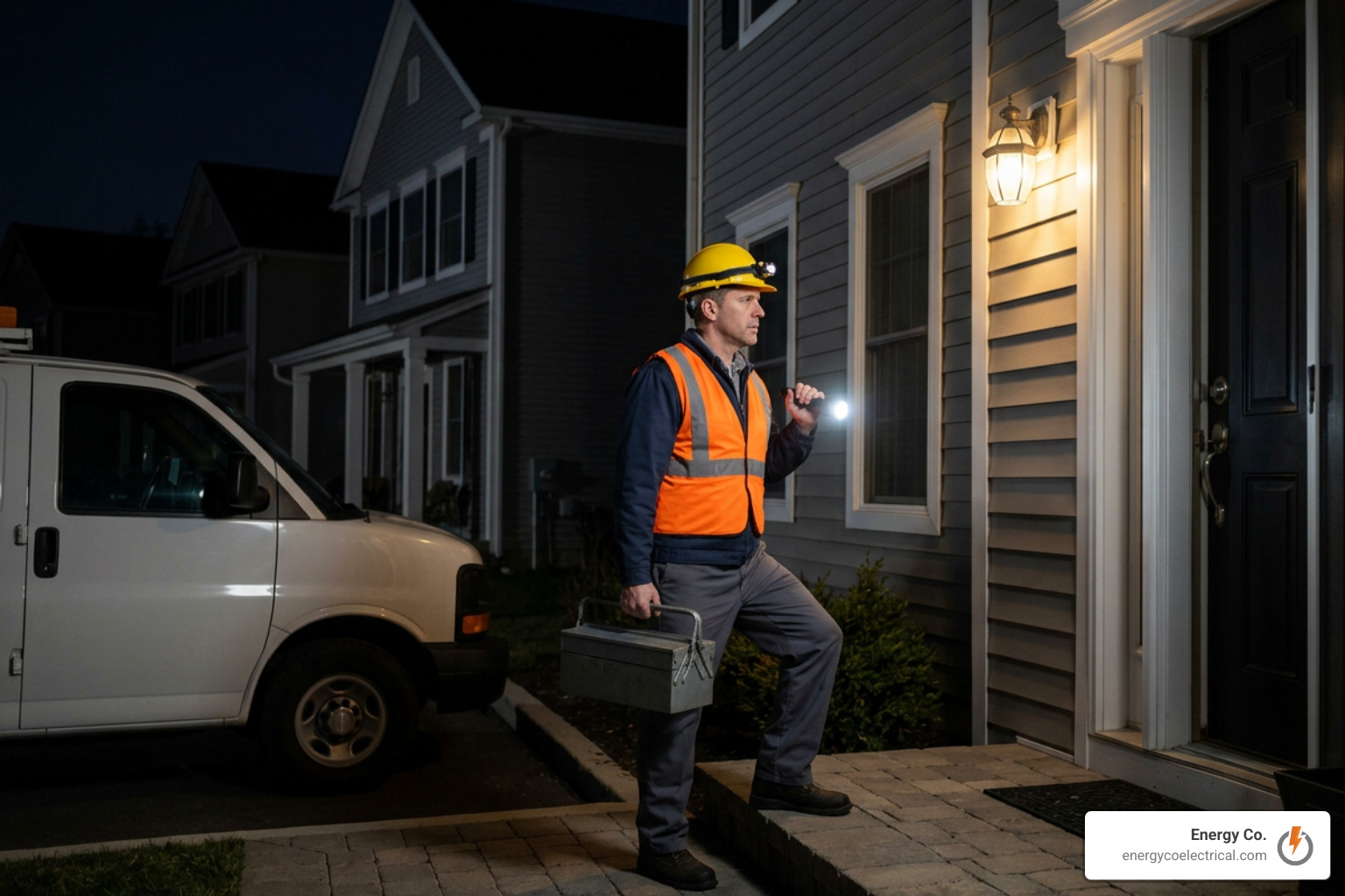 Emergency electrician arriving late at night to diagnose power outage