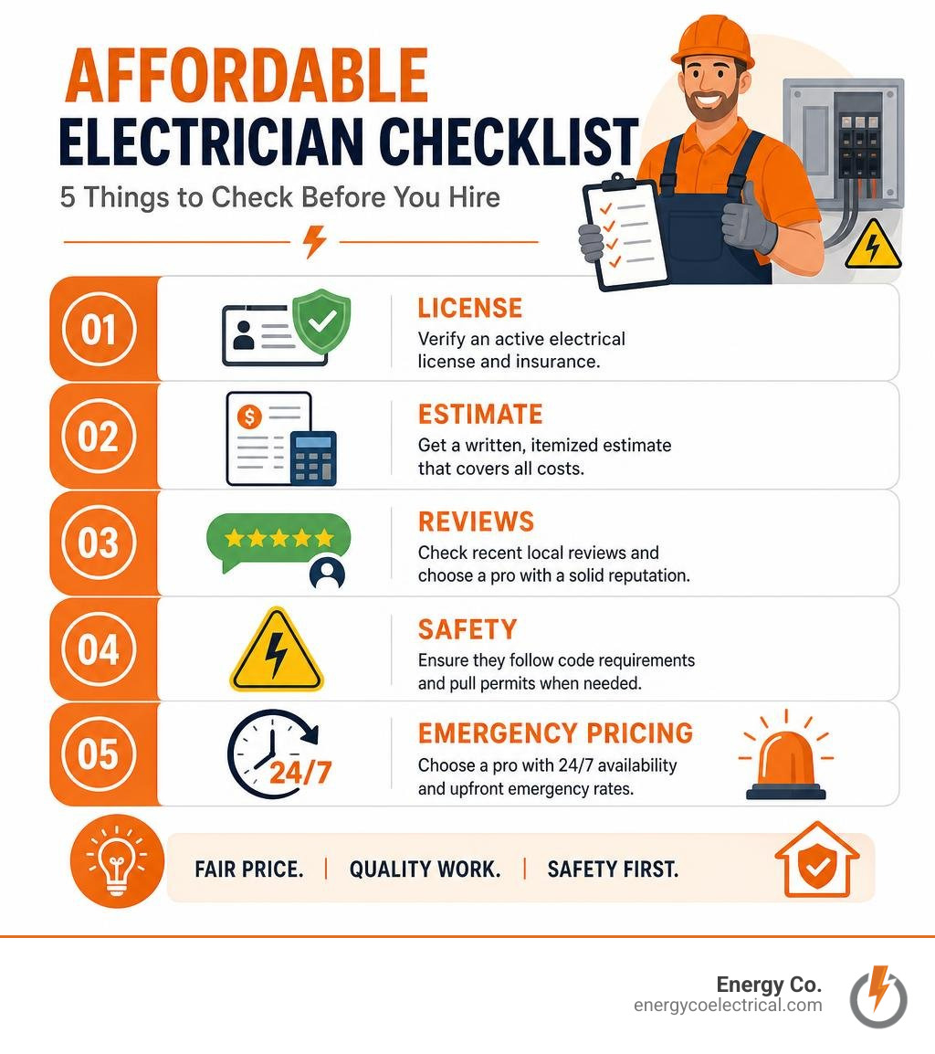 Affordable electrician checklist: license, estimate, reviews, safety, emergency pricing infographic