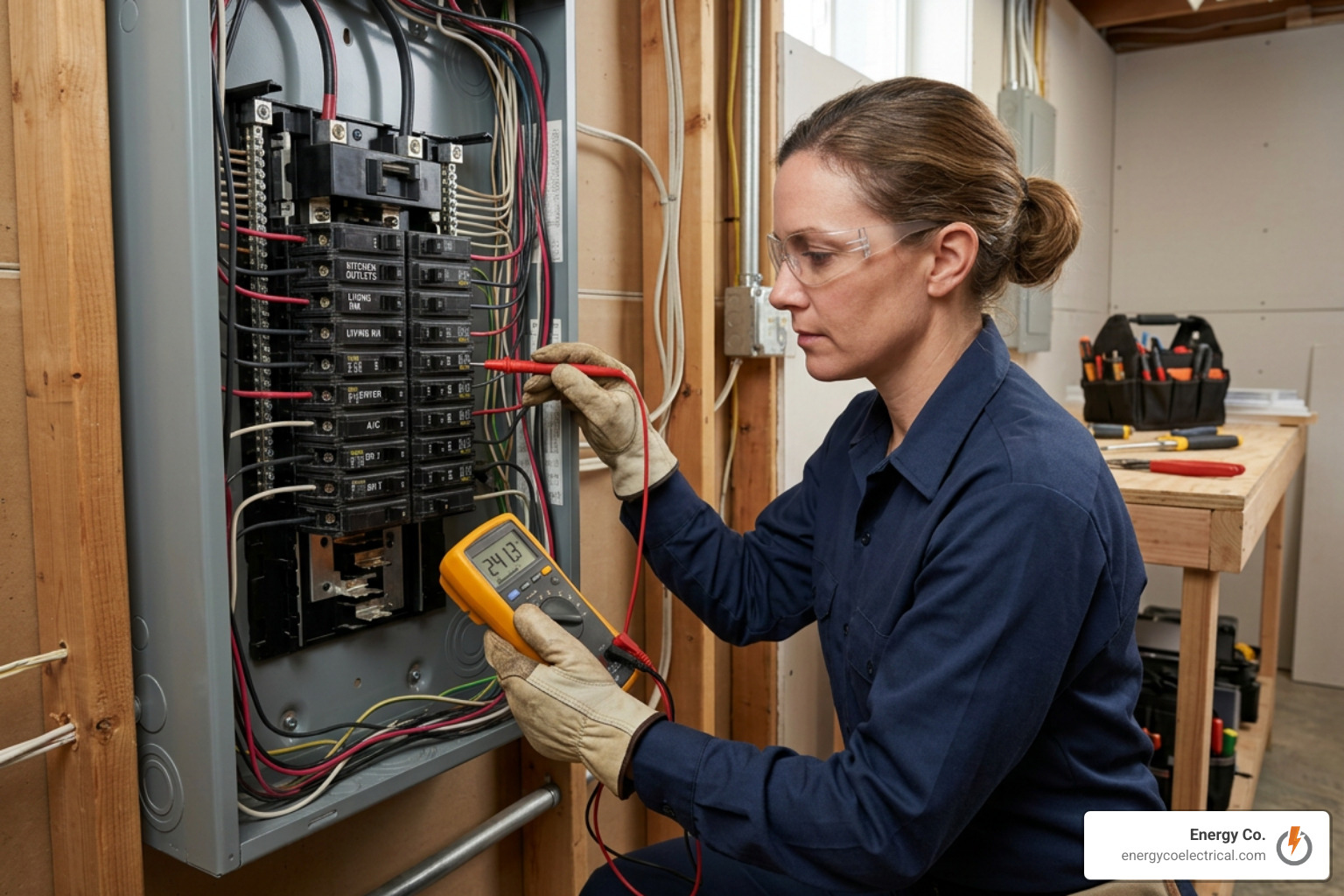 Electrician testing an electrical circuit with a multimeter Electrician testing an electrical circuit with a multimeter