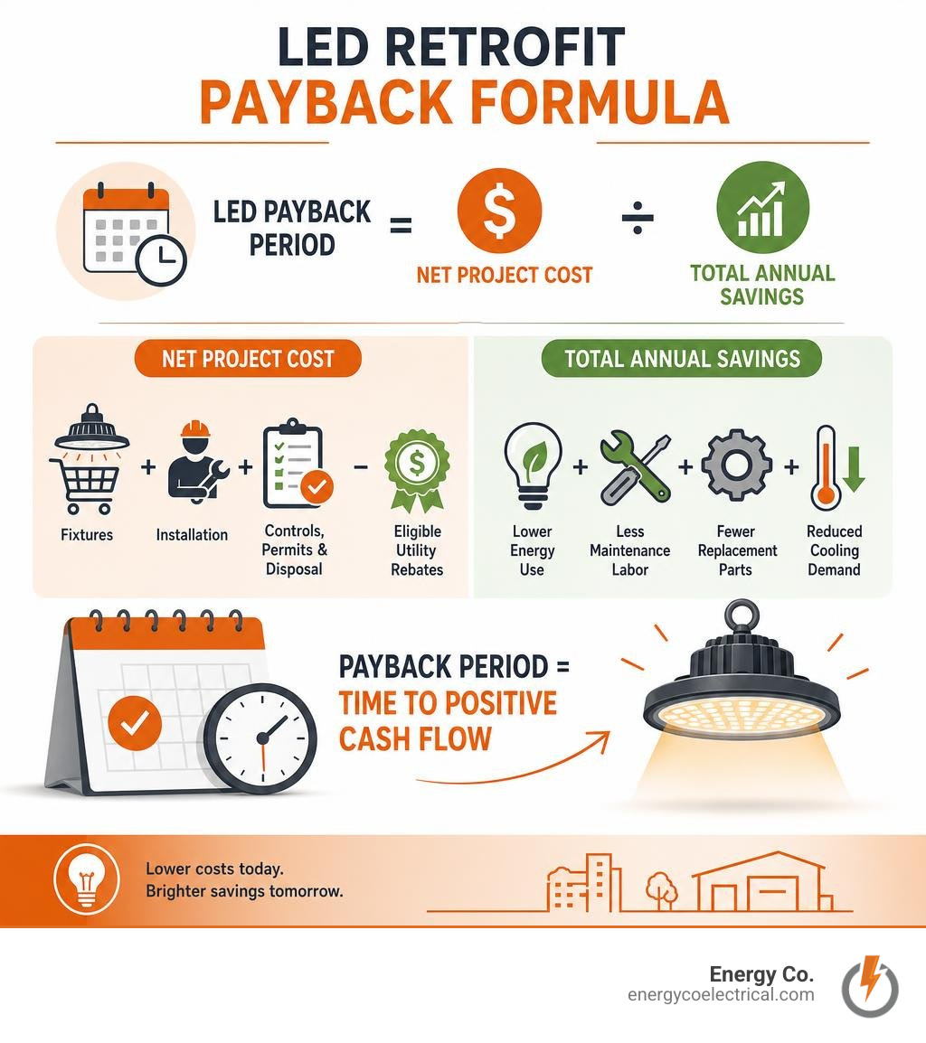 LED retrofit payback formula showing costs rebates and annual energy maintenance savings infographic
